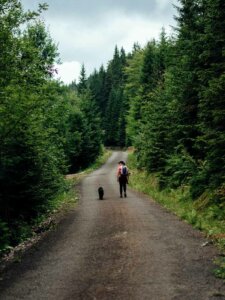 Wanderer mit Hund im Weserbergland