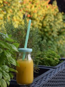 Mango-Eistee in einer Flasche mit Strohhalm, die in einem Garten vor einem Rosmarinbusch steht
