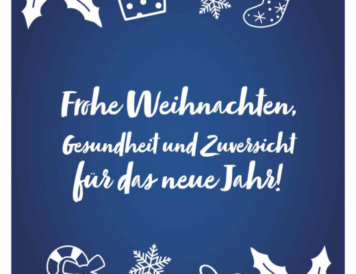 Blaue Karte mit weihnachtlichen Motiven und der Aufschrift "Frohe Weihnachten"
