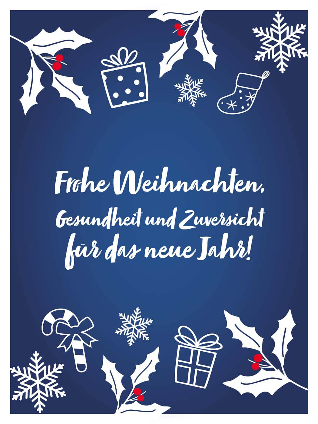 Blaue Karte mit weihnachtlichen Motiven und der Aufschrift "Frohe Weihnachten"