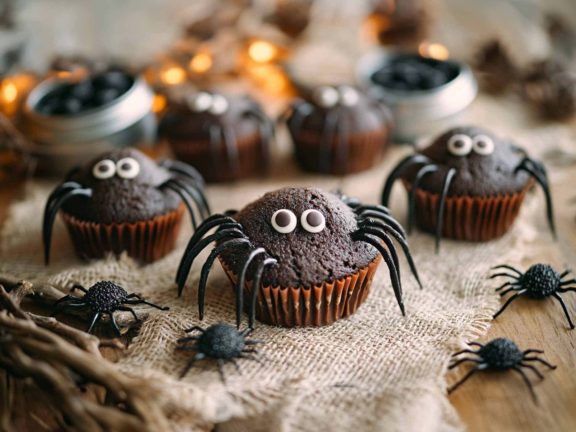 Schokoladenmuffins, die mit Lakritzbeinen und Augen dekoriert sind