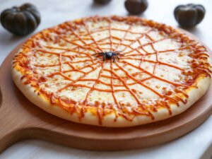 Eine Pizza, mit einem Soßenspinnennetz und einer künstlichen Spinne drauf