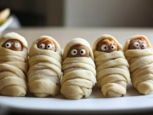 Würstchen, die in Teig eingewickelt sind und Augen haben