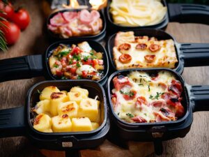 Mehrere Raclettepfännchen, die mit Zutaten wie Käse oder Schinken bestückt sind