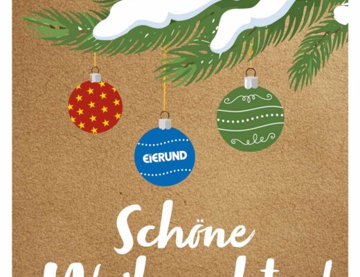 Braune Karte mit weihnachtlichen Motiven und der Aufschrift "Schöne Weihnachten!"