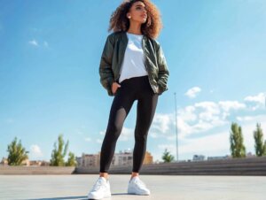 Eine Frau steht auf einer Steinfläche. Sie trägt eine schwarze Leggings, weiße Sneaker, ein weißes T-Shirt und eine grüne Bomberjacke.
