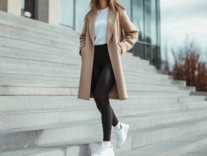 Eine Frau läuft auf Stufen und trägt dabei eine schwarze Leggings, weiße Sneaker, ein weißes Oberteil und einen beigefarbenen Trenchcoat.