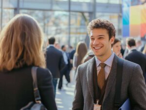Menschen reden auf einer Messe miteinander