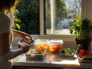 Mensch bereitet Lunchbox vor