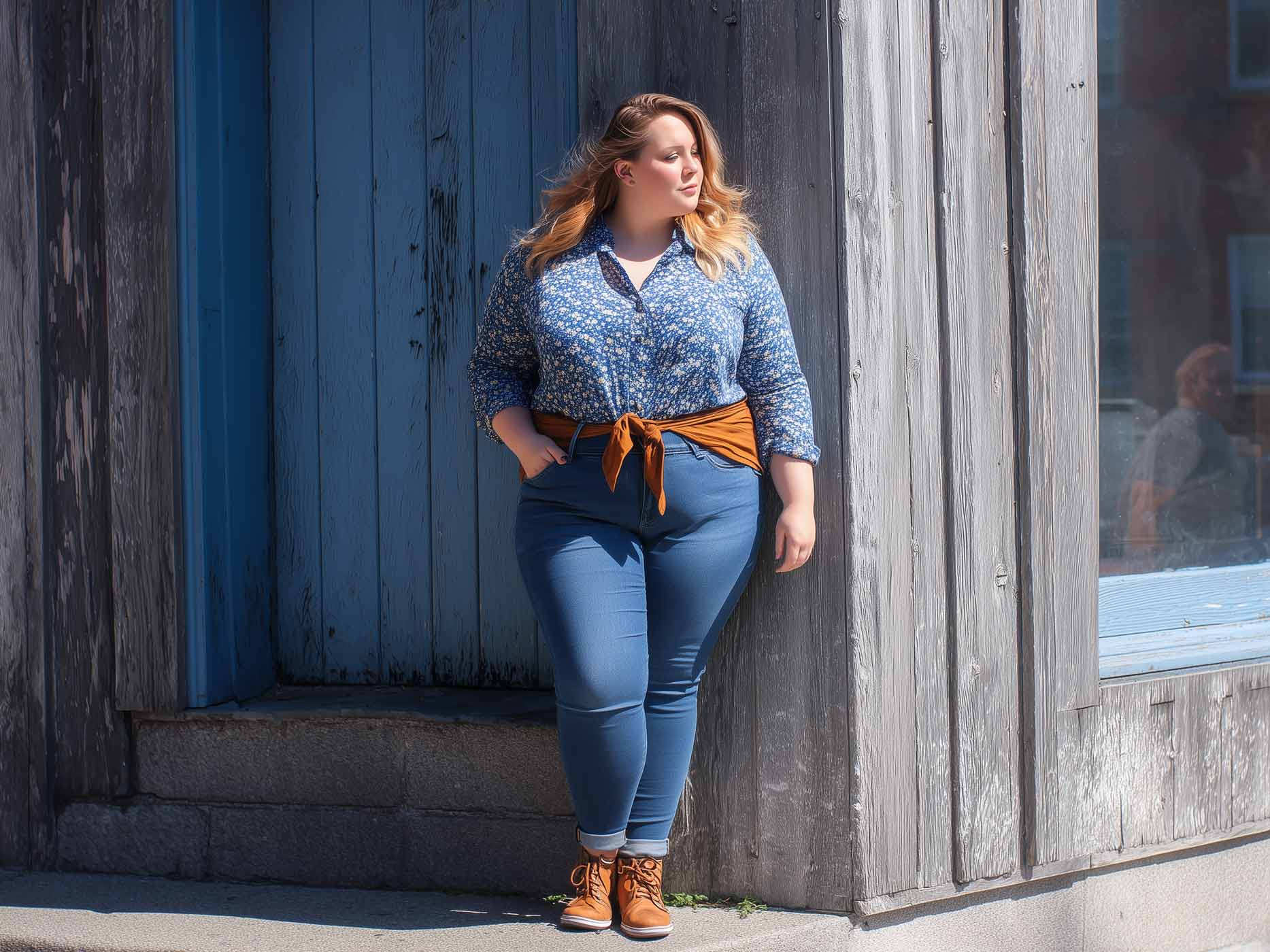 Skinny Jeans Mythos Eine Plus Size Frau lehnt an einem Gebäude. Sie trägt eine blaue Skinny Jeans und hat ein Tuch als Gürtel umgebunden.