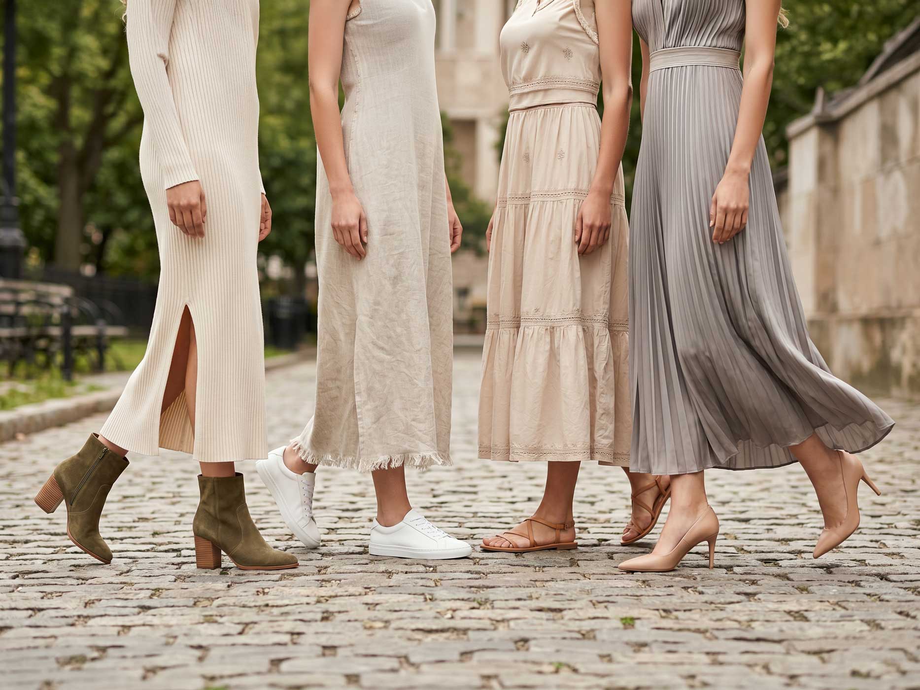 Lange Kleider in Creme, Beige und Grau werden mit wei&szlig;en Sneakern, beigen Sandalen, nudefarbenen Pumps und olivgr&uuml;nen Stiefeletten kombiniert.