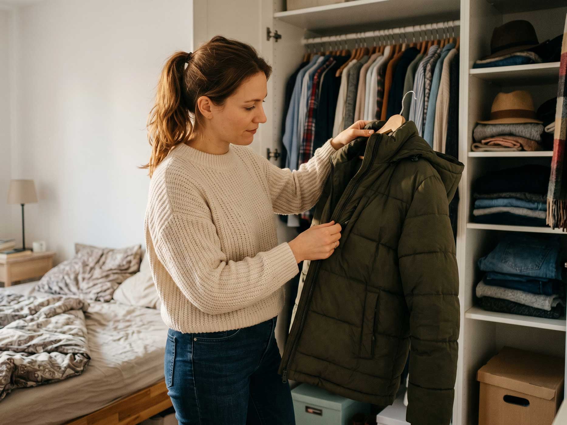 Eine Frau kontrolliert ihre Winterjacke vor dem Verstauen und pr&uuml;ft dabei Rei&szlig;verschluss und Zustand des Materials.