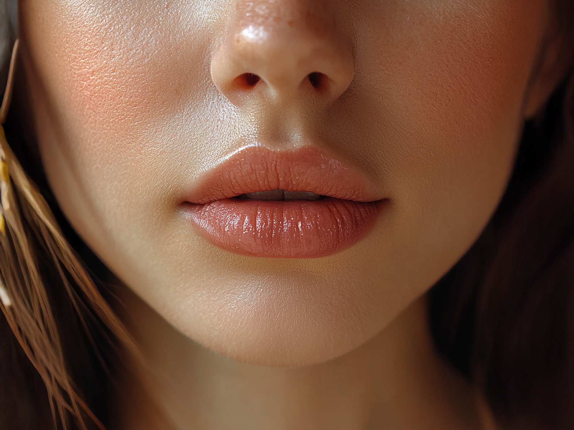 Nahaufnahme von vollen Lippen, die mit rosé farbenem Lipgloss bemalt wurden