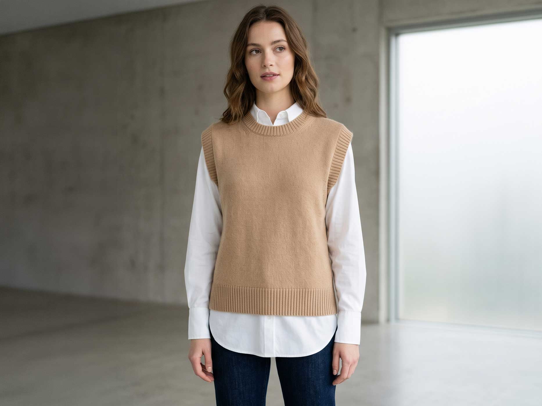 Eine Frau tr&auml;gt einen beigen Pullunder &uuml;ber einer wei&szlig;en Bluse und kombiniert ihn mit einer dunklen Damenjeans.
