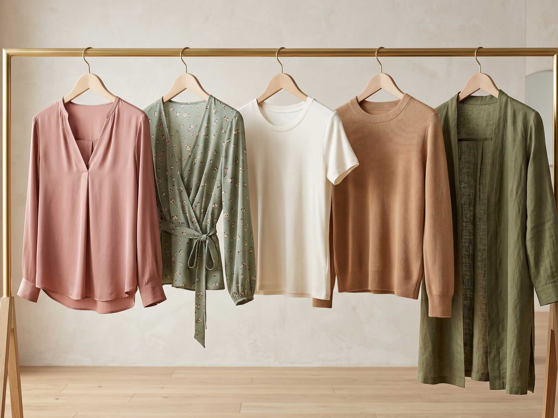 Verschiedene Damenoberteile wie Blusen, Wickelblusen, Longblusen und feine Strickpullover h&auml;ngen auf einer Kleiderstange.