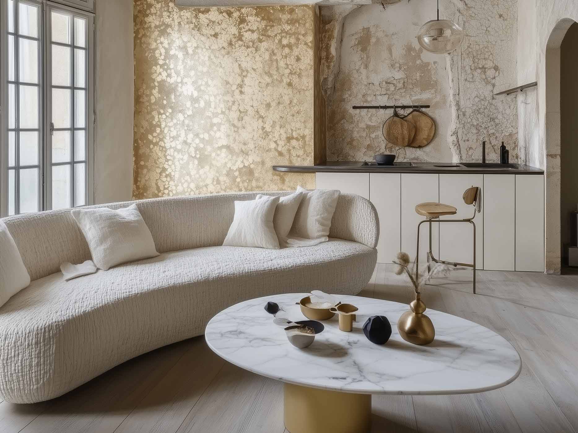 Ein heller, weißer Raum, in dem verschiedene weiße und marmorierte Möbelstücke stehen, im Zentrum steht ein gebogenes weißes Sofa.