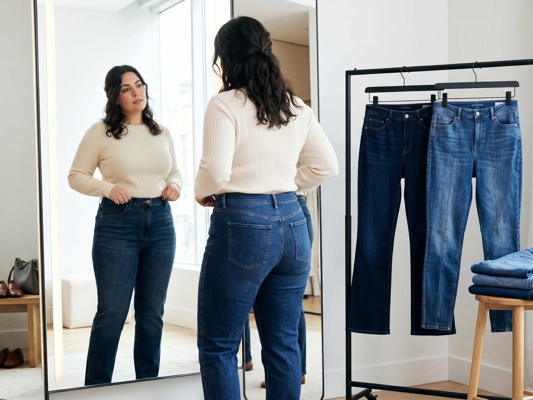 Eine Frau tr&auml;gt einen beigen Pullunder &uuml;ber einer wei&szlig;en Bluse und kombiniert ihn mit einer dunklen Damenjeans.