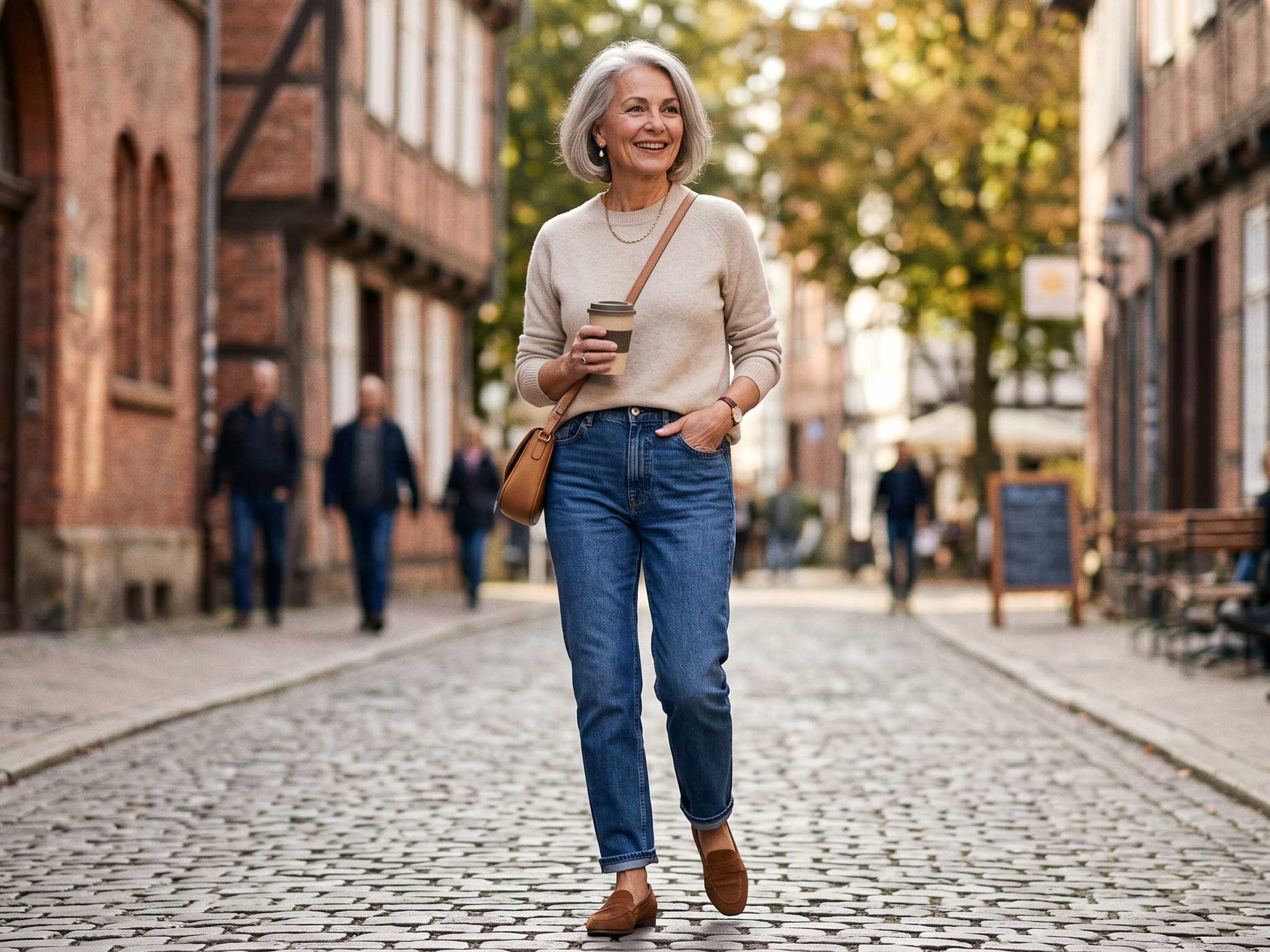 Eine stilvolle Frau &uuml;ber 60 tr&auml;gt blaue Jeans mit cremefarbenem Pullover und braunen Loafern.