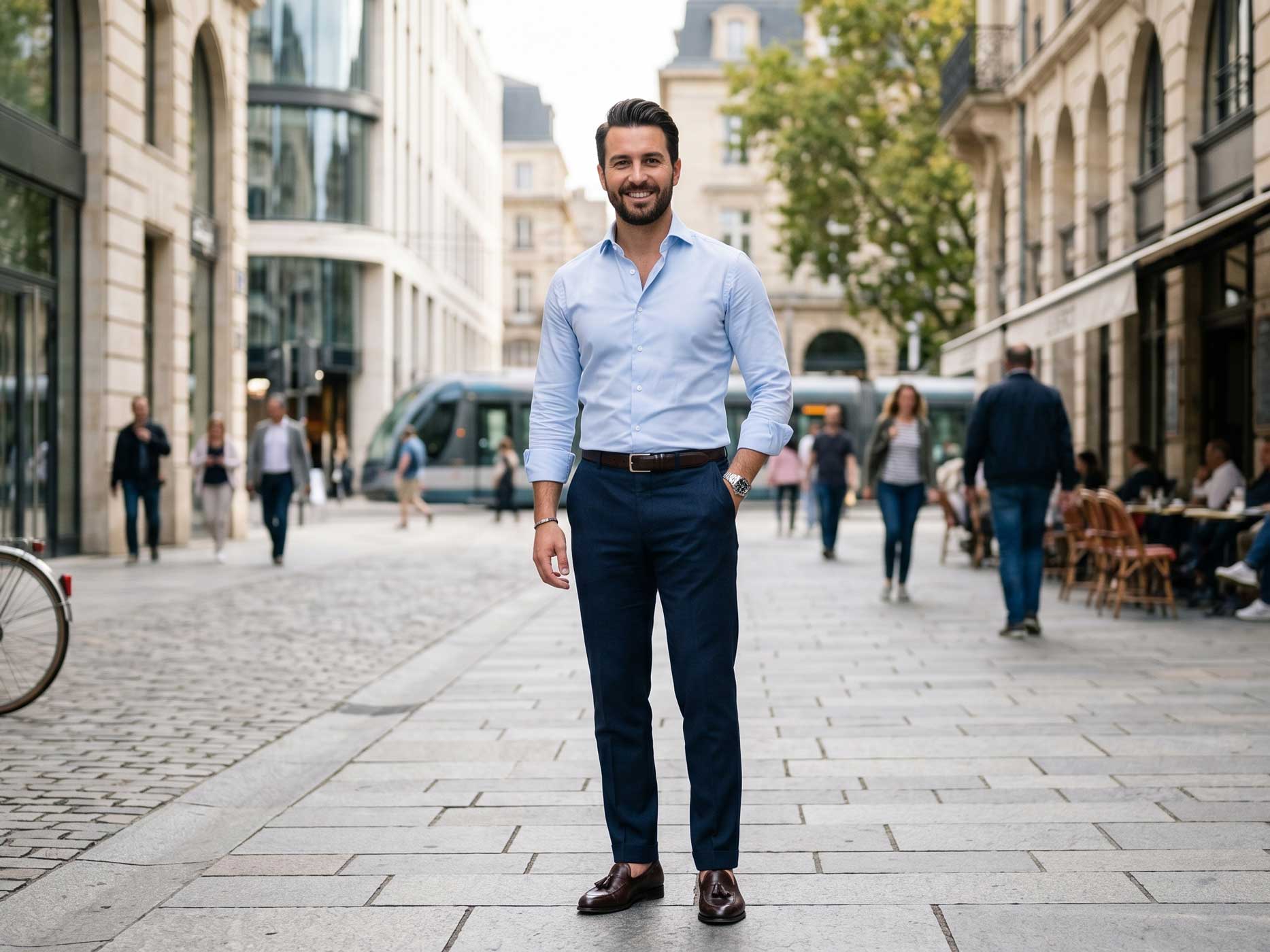 Ein Mann tr&auml;gt eine dunkelblaue Stoffhose mit hellblauem Hemd und braunen Lederschuhen. Er steht in einer belebten Innenstadt zwischen modernen Geb&auml;uden und zeigt, wie sich Dunkelblau stilvoll und gepflegt kombinieren l&auml;sst.