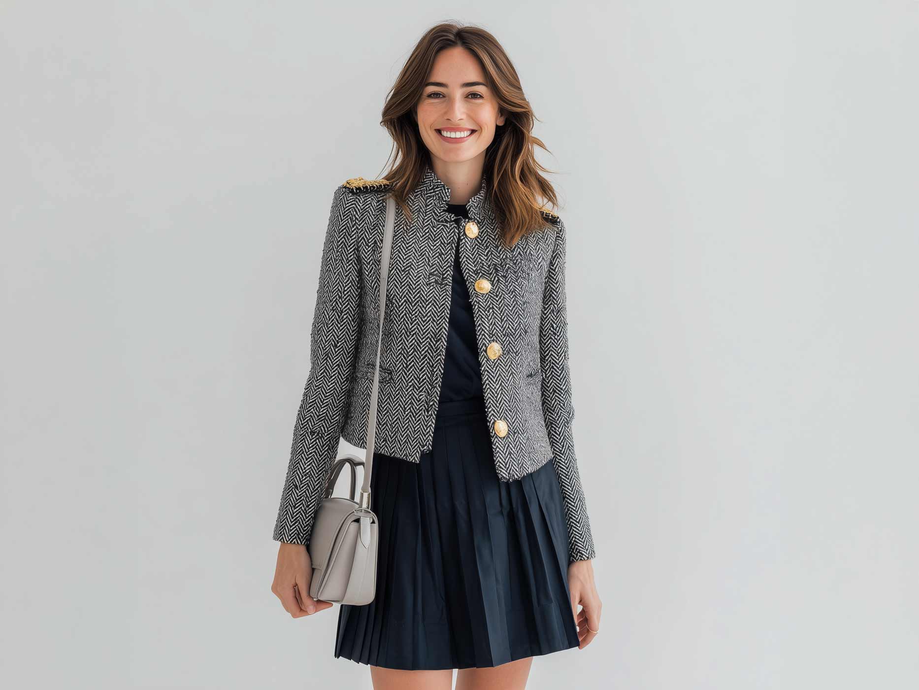 Eine Frau trägt ein dunkelblaues, knielanges Kleid, 
darüber eine elegante, kurze Wolljacke mit schwarz-weißem Fischgrätenmuster, die vorne geknöpft ist und goldene Knöpfe an den Schultern hat und dazu eine kleine hellgraue Handtasche. 