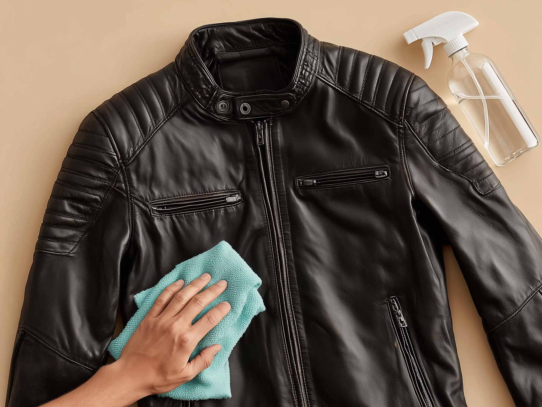 Eine schwarze Herren Lederjacke wird von einer Hand mit einem weichen Tuch abgewischt, daneben liegt eine durchsichtige Sprüchflasche.