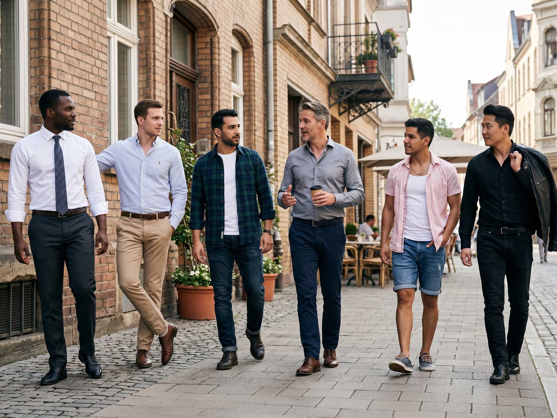 Mehrere M&auml;nner tragen unterschiedliche Hemden von Businesshemd bis Freizeithemd kombiniert mit Chinos, Jeans oder Shorts bei einem Spaziergang durch die Stadt.